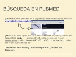 BÚSQUEDA EN PUBMED
¡PRIMER PASO! Entramos en la página web de la base de datos, PubMed.
www.ncbi.nlm.nih.gov/pubmed
¡SEGUNDO PASO! para realizar nuestra búsqueda, sacamos y traducimos
las palabras clave prevención, obesidad, sobrepeso, niños y
adolescentes y uniéndolas con AND, OR o NOT, con paréntesis y comillas,
con lo que quedaría algo así:
Prevention AND (obesity OR overweight) AND (children AND
teenagers)
 