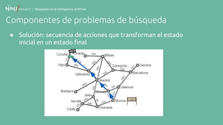| Búsqueda en la Inteligencia Artificial
Componentes de problemas de búsqueda
● Solución: secuencia de acciones que transforman el estado
inicial en un estado final
 