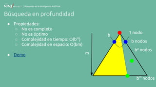 | Búsqueda en la Inteligencia Artificial
Búsqueda en profundidad
● Propiedades:
○ No es completo
○ No es óptimo
○ Complejidad en tiempo: O(bm
)
○ Complejidad en espacio: O(bm)
● Demo m
1 nodo
b nodos
b² nodos
bm
nodos
b
...
 