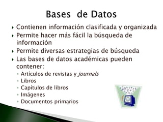 Contienen información clasificada y organizadaPermite hacer más fácil la búsqueda de informaciónPermite diversas estrategias de búsquedaLas bases de datos académicas pueden contener:Artículos de revistas y journalsLibros Capítulos de librosImágenesDocumentos primariosBases  de Datos
