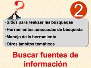 •Sitios para realizar las búsquedas
•Herramientas adecuadas de búsqueda
•Manejo de la herramienta
•Otros ámbitos temáticos
 