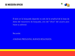 SE NECESITA OFICIO




       El éxito en la búsqueda depende no solo de la amplitud de la base de
       datos del mecanismo de búsqueda, sino del “oficio” del usuario para
       hacer su solicitud.



       Recuerde:


       A BUENAS PREGUNTAS, BUENOS RESULTADOS.
 