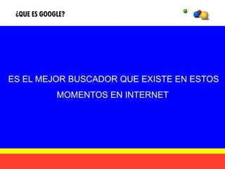 ¿QUE ES GOOGLE?




ES EL MEJOR BUSCADOR QUE EXISTE EN ESTOS
             MOMENTOS EN INTERNET
 