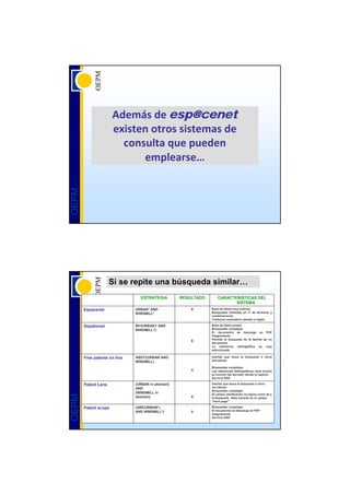 Además de esp@cenet
                      existen otros sistemas de 
                        consulta que pueden 
                            emplearse…
OEPM




                     Si se repite una búsqueda similar…
                                 ESTRATEGIA         RESULTADO       CARACTERISTICAS DEL
                                                                           SISTEMA
       Espacenet              URBAN* AND                8       Base de datos muy extensa
                              WINDMILL*                         Búsquedas limitadas en nº de términos y
                                                                combinaciones
                                                                Traductor automático alemán a inglés

       Depatisnet             BI=(URBAN? AND                    Base de datos propia
                              WINDMILL?)                        Búsquedas complejas
                                                                El documento se descarga en PDF
                                                                íntegramente
                                                                Permite la búsqueda de la familia de un
                                                        8
                                                                documento
                                                                La referencia bibliográfica es muy
                                                                estructurada

       Free patents on line   ABST/(URBAN AND                   Interfaz que lanza la búsqueda a otros
                              WINDMILL)                         servidores

                                                                Búsquedas complejas.
                                                        4       Las referencias bibliográficas varía mucho
                                                                en función del servidor donde la capture
                                                                Servicio RSS

       Patent Lens            (URBAN in abstract)               Interfaz que lanza la búsqueda a otros
                              AND                               servidores
                                                                Búsquedas complejas
                              (WINDMILL in                      El campo clasificación no figura como tal y
OEPM




                              abstract)                 0       la búsqueda debe hacerse en el campo
                                                                “front page”

       Patent scope           (ABE/URBAN*)                      Búsquedas complejas
                              AND WINDMILL*)            0       El documento se descarga en PDF
                                                                íntegramente
                                                                Servicio RSS
 