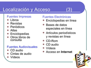 Localización y Acceso  (3) Fuentes Impresas Libros  Revistas Periódicos  Atlas  Enciclopedias  Otros libros de consulta  Fuentes Audiovisuales CD audio  Cintas de audio  Vídeos  Fuentes Electrónicas Enciclopedias en línea Bases de datos especiales en línea  Artículos periodísticos y revistas en línea CD-Rom CD audio  Vídeos Acceso en  Internet 
