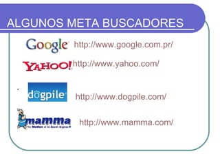 ALGUNOS META BUSCADORES http://www.google.com.pr/   http:// www.yahoo.com /   . http://www.dogpile.com/ http://www.mamma.com/ 