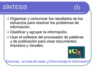SÍNTESIS  (5) Organizar y comunicar los resultados de los esfuerzos para resolver los problemas de información. Clasificar y agrupar la información. Usar el software del procesador de palabras y de publicación para crear documentos impresos y visuales. Entonces...se trata de saber,¿Cómo encaja la información? 