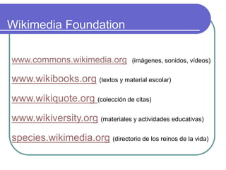 Wikimedia Foundation
www.commons.wikimedia.org (imágenes, sonidos, vídeos)
www.wikibooks.org (textos y material escolar)
www.wikiquote.org (colección de citas)
www.wikiversity.org (materiales y actividades educativas)
species.wikimedia.org (directorio de los reinos de la vida)
 