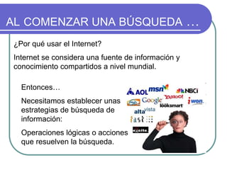 AL COMENZAR UNA BÚSQUEDA …
¿Por qué usar el Internet?
Internet se considera una fuente de información y
conocimiento compartidos a nivel mundial.
Entonces…
Necesitamos establecer unas
estrategias de búsqueda de
información:
Operaciones lógicas o acciones
que resuelven la búsqueda.
 