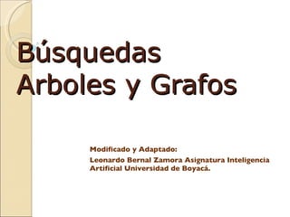Búsquedas Arboles y Grafos Modificado y Adaptado:  Leonardo Bernal Zamora Asignatura Inteligencia Artificial Universidad de Boyacá. 
