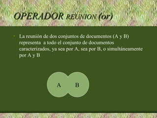 OPERADOR REUNION (or)
• La reunión de dos conjuntos de documentos (A y B)
  representa a todo el conjunto de documentos
  caracterizados, ya sea por A, sea por B, o simultáneamente
  por A y B




                    A       B
 