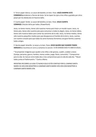  Tercer papel: blanco. Lo sacan del bolsillo y lo leen. Pone: JESÚS SIEMPRE ESTÁ
CONMIGOAprendemos a fiarnos de Jesús. Se les tapan los ojos a tres niños y guiados por otros
pasan por los obstáculos sin hacerse daño.

 Cuarto papel: Verde. Lo sacan del bolsillo y lo leen. Pone: JESUS CUENTA
CONMIGO. Oración dicha por todos: (PowerPoint)

Jesús, no tienes manos, tienes solo nuestras manos para hacer un mundo nuevo. Jesús, no
tienes pies, tienes sólo nuestros pies para comunicar a todos la alegría. Jesús, no tienes labios,
tienes solo nuestros labios para cantar las canciones de la vida. Jesús, no tienes medios, tienes
sólo nuestros pequeños medios para que desaparezca el hambre de la tierra. Jesús, cuentas
con nuestro corazón para que todos los seres humanos formemos una gran familia y seamos
todos amigos.

 Quinto papel: Amarillo. Lo sacan y lo leen. Pone: JESÚS QUIERE QUE SEAMOS TODOS
AMIGOSNos reunimos en corro y cantamos la canción: SI EN VERDAD DIOS TE AMA DI JESUS…

* Se proyectan imágenes que ayuden a los niños a dar gracias, a pedir, a alabar a Jesús:
(Campo, personas, guerra, hambre, manos unidas, juego, fiesta, comunión). * Compromiso
para la vida. Se marcan entre todos dos o tres compromisos para la vida de cada día. * Rezan
todos juntos el Padrenuestro. * Canto a María:

MIENTRAS RECORRES LA VIDA TÚ NUNCA SOLO ESTÁS CONTIGO POR EL CAMINO SANTA
MARÍA VA VEN CON NOSOTROS A CAMINAR SANTA MARÍA VEN VEN CON NOSOTROS A
CAMINAR SANTA MARÍA VEN
 