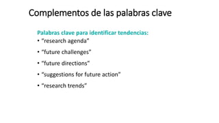 Complementos de las palabras clave
Palabras clave para identificar tendencias:
• “research agenda”
• “future challenges”
• “future directions”
• “suggestions for future action”
• “research trends”
 