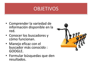 OBJETIVOSComprender la variedad de información disponible en la red.Conocer los buscadores y cómo funcionan.Manejo eficaz con el buscador más conocido : GOOGLE.Formular búsquedas que den resultados.