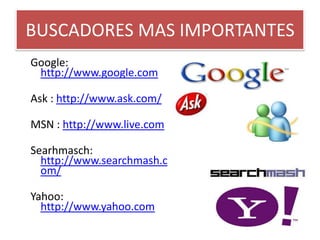 BUSCADORES MAS IMPORTANTESGoogle: http://www.google.comAsk : http://www.ask.com/MSN : http://www.live.comSearhmasch: http://www.searchmash.com/Yahoo: http://www.yahoo.com