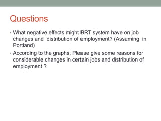 Questions 
• What negative effects might BRT system have on job 
changes and distribution of employment? (Assuming in 
Portland) 
• According to the graphs, Please give some reasons for 
considerable changes in certain jobs and distribution of 
employment ? 
 