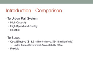 Introduction - Comparison 
• To Urban Rail System 
• High Capacity 
• High Speed and Quality 
• Reliable 
• To Buses 
• Cost Effective ($13.5 million/mile vs. $34.8 million/mile) 
• United States Government Accountability Office 
• Flexible 
 