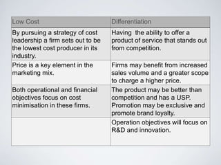 Low Cost Differentiation
By pursuing a strategy of cost
leadership a firm sets out to be
the lowest cost producer in its
industry.
Having the ability to offer a
product of service that stands out
from competition.
Price is a key element in the
marketing mix.
Firms may benefit from increased
sales volume and a greater scope
to charge a higher price.
Both operational and financial
objectives focus on cost
minimisation in these firms.
The product may be better than
competition and has a USP.
Promotion may be exclusive and
promote brand loyalty.
Operation objectives will focus on
R&D and innovation.
 