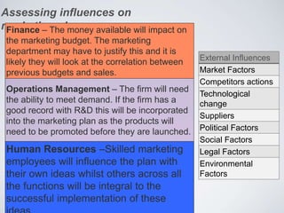 Assessing influences on
marketing plans
External Influences
Market Factors
Competitors actions
Technological
change
Suppliers
Political Factors
Social Factors
Legal Factors
Environmental
Factors
Finance – The money available will impact on
the marketing budget. The marketing
department may have to justify this and it is
likely they will look at the correlation between
previous budgets and sales.
Operations Management – The firm will need
the ability to meet demand. If the firm has a
good record with R&D this will be incorporated
into the marketing plan as the products will
need to be promoted before they are launched.
Human Resources –Skilled marketing
employees will influence the plan with
their own ideas whilst others across all
the functions will be integral to the
successful implementation of these
 