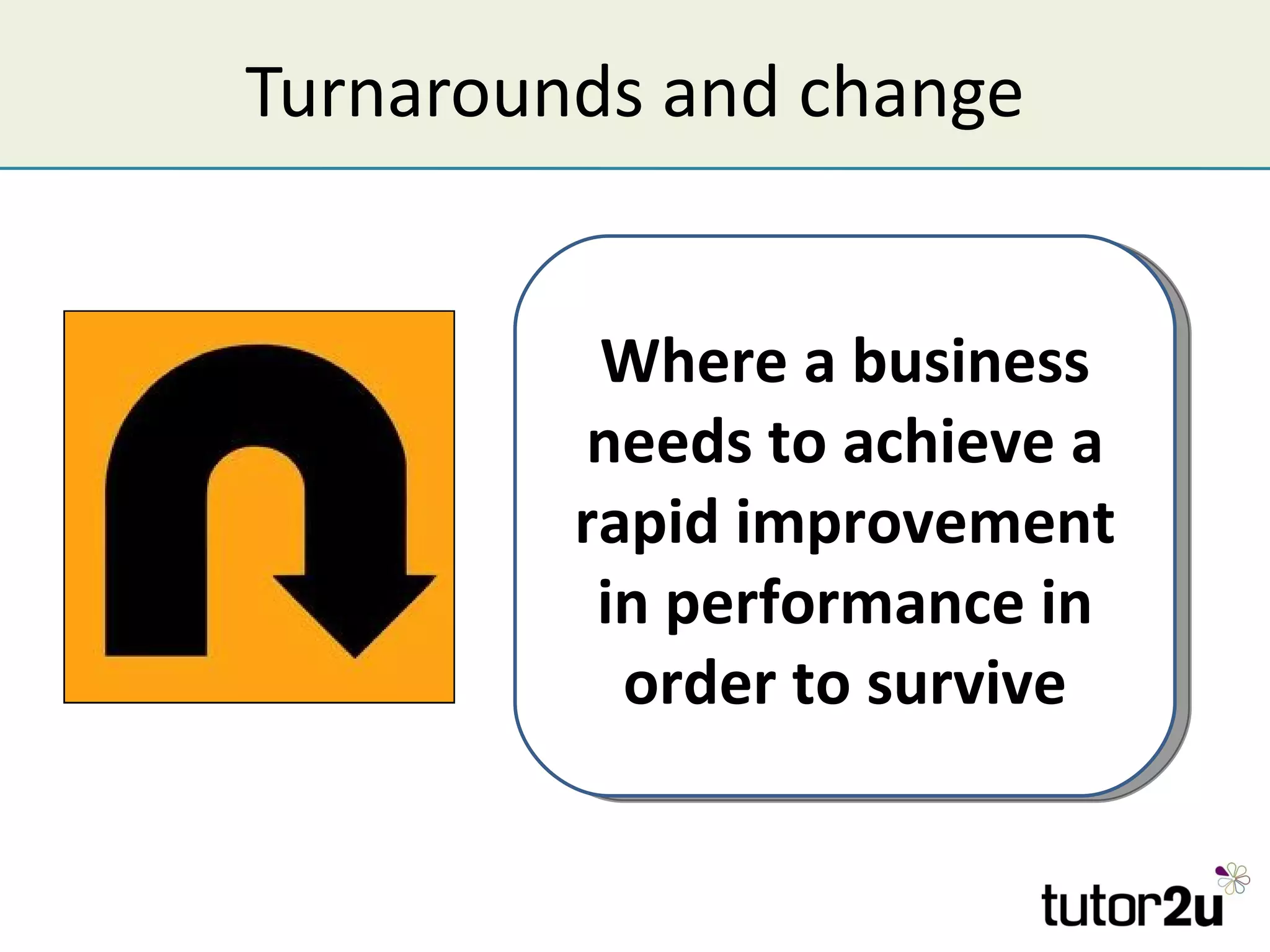 Turnarounds and change


          Where a business
         needs to achieve a
         rapid improvement
          in performance in
           order to survive
 