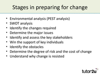 Stages in preparing for change
•   Environmental analysis (PEST analysis)
•   SWOT analysis
•   Identify the changes requi...