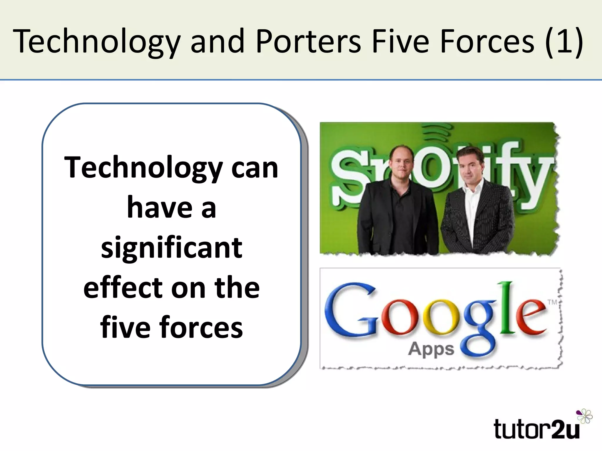 Technology and Porters Five Forces (1) Technology can have a significant effect on the five forces 