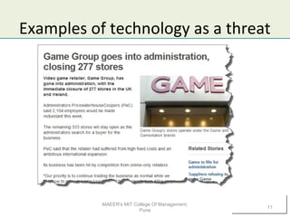 Examples of technology as a threat
MAEER's MIT College Of Management,
Pune
11
 