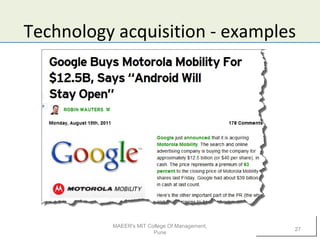 Technology acquisition - examples
MAEER's MIT College Of Management,
Pune
27
 