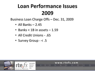 Commercial Loan Volume2007 to 2008 – half up; ¼ down; ¼ even2008 to 2010 – up, down but by 2010 even or upOne participant example4 to 5 years to lend its first $1 Billion18 months (09-10) to loan its next $1 Billion 