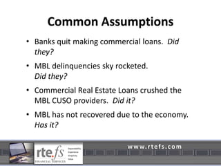 Common AssumptionsBanks quit making commercial loans.  Did they?MBL delinquencies sky rocketed.  Did they?Commercial Real Estate Loans crushed the MBL CUSO providers.  Did it?MBL has not recovered due to the economy.  Has it?