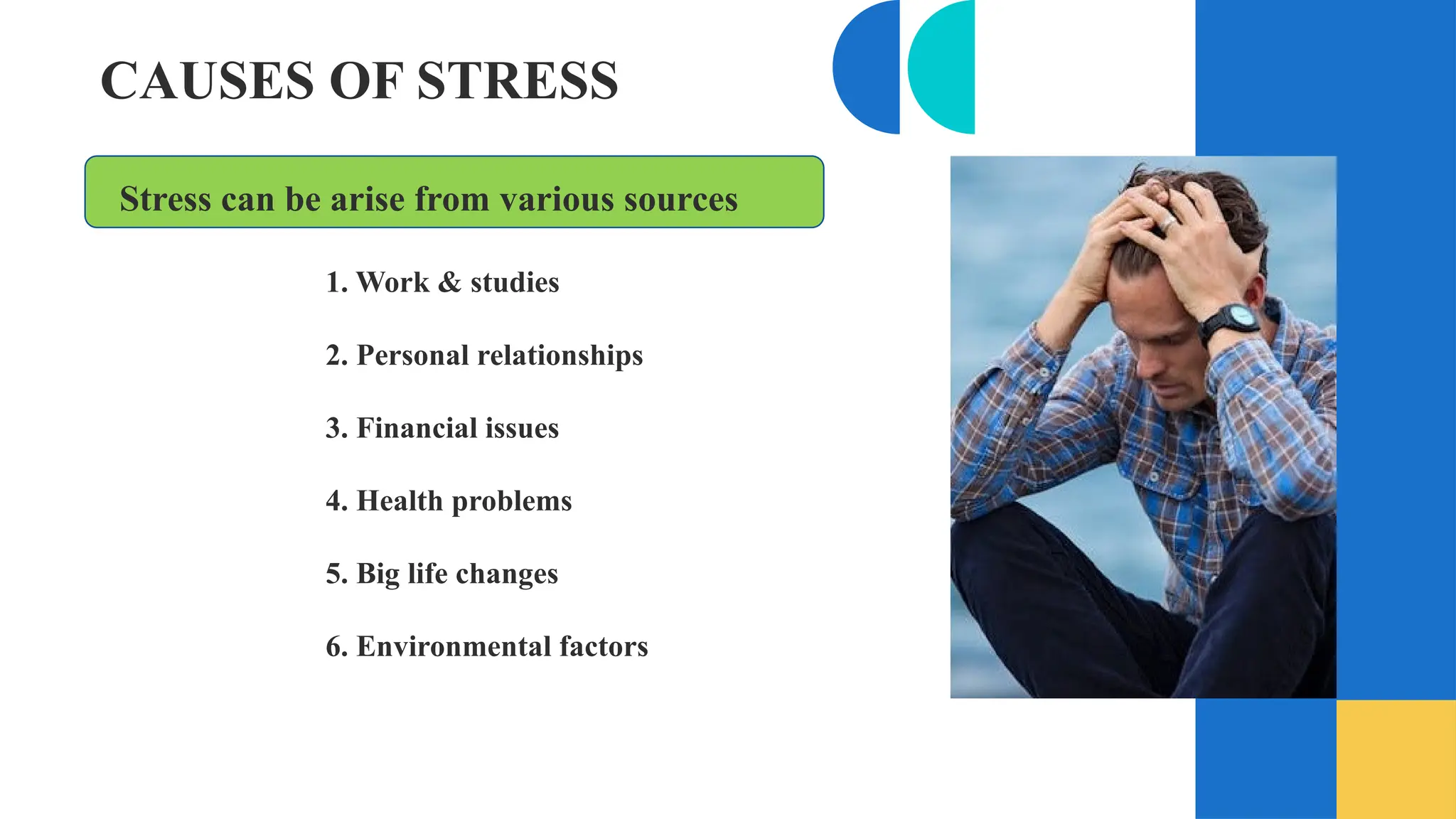 Stress can be arise from various sources
1. Work & studies
2. Personal relationships
3. Financial issues
4. Health problems
5. Big life changes
6. Environmental factors
CAUSES OF STRESS
 