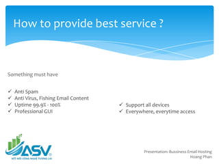 How to provide best service ?
Something must have
Presentation: Bussiness Email Hosting
Hoang Phan
Support all devices
Everywhere, everytime access
Anti Spam
Anti Virus, Fishing Email Content
Uptime 99.9% - 100%
Professional GUI