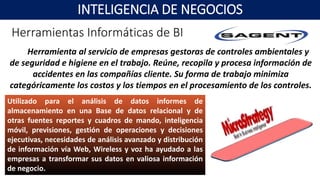 Utilizado para el análisis de datos informes de
almacenamiento en una Base de datos relacional y de
otras fuentes reportes y cuadros de mando, inteligencia
móvil, previsiones, gestión de operaciones y decisiones
ejecutivas, necesidades de análisis avanzado y distribución
de información vía Web, Wireless y voz ha ayudado a las
empresas a transformar sus datos en valiosa información
de negocio.
Herramienta al servicio de empresas gestoras de controles ambientales y
de seguridad e higiene en el trabajo. Reúne, recopila y procesa información de
accidentes en las compañías cliente. Su forma de trabajo minimiza
categóricamente los costos y los tiempos en el procesamiento de los controles.
INTELIGENCIA DE NEGOCIOS
Herramientas Informáticas de BI
 