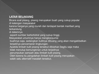 LATAR BELAKANG
Bicara soal pisang, pisang merupakan buah yang cukup popular
di kalangan masyarakat
karena harganya yang murah dan terdapat bantak manfaat yang
terkandung
di dalamnya
seperti sumber karbohidrat yang cukup tinggi,
Masyarakat umumnya hanya mengkonsumsi
buahnya saja, sedangkan kulitnya dibuang yang akan mengakibatkan
terjadinya pencemaran lingkungan.
Apabila limbah kulit pisang tersebut dibiarkan begitu saja maka
tidak menutup kemungkinan untuk terjadinya
penumpukan sampah atau limbah kulit pisang.
Oleh karena itu pengolahan limbah kulit pisang merupakan
salah satu alternatif masalah tersebut.
 