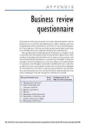 Buy this file from http://www.download-it.org/learning-resources.php?promoCode=&partnerID=&content=story&storyID=580
A P P E N D I X
Business review
questionnaire
The purpose of the questionnaire is to review the performance of your
business across seven key operational areas, and to evaluate each area
by grading the firm’s performance of a scale of 1 (poor performance)
to 5 (very efficient). The success of the process and its value to the busi-
ness will depend on the evaluation being honest and objective.
The questionnaire should take about 30 minutes to complete. Each
section has a list of descriptors (key words relevant to that section) and a
number of questions. You should not try to answer every question – use
them along with the descriptors, to prompt your thoughts, to help you
identify your level of efficiency in each area. There is a Comments box
to summarise your thoughts, and another small box for you to enter the
grade for the firm’s performance in that area. Not all sections will apply
to every business, so feel free to omit any sections that are not relevant.
You can summarise your score in the box below and identify any areas
where training for yourself, managers or staff may be relevant.
Key performance area Score Training need (Y/N)
(1–5) Who for and comments?
1. Management efficiency
2. Sales, marketing, and
customer relations
3. Business operations
4. Finance
5. Managing staff performance
6. Innovation, technology, and
intellectual property rights
7. Planning for the future
Buy this file from http://www.download-it.org/learning-resources.php?promoCode=&partnerID=&content=story&storyID=580
 