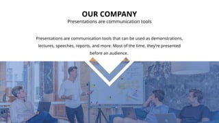 OUR COMPANY
Presentations are communication tools
Presentations are communication tools that can be used as demonstrations,
lectures, speeches, reports, and more. Most of the time, they’re presented
before an audience.
 