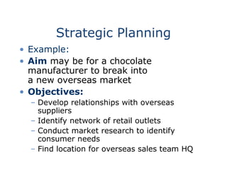 Strategic Planning
• Example:
• Aim may be for a chocolate
manufacturer to break into
a new overseas market
• Objectives:
– Develop relationships with overseas
suppliers
– Identify network of retail outlets
– Conduct market research to identify
consumer needs
– Find location for overseas sales team HQ
 