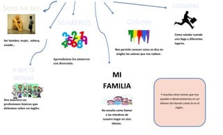 Sero no ser
Como saludar cuando
uno llega a diferentes
lugares.
Ser hombre, mujer, soltera,
casada…
Nos permite conocer como se dice en
eingles los colores que nos rodean .
Aprendemos los números
con diversión.
MI
FAMILIA
Nos muestra las
profesiones básicas que
debemos saber en inglés.
No enseña como llamar
a las mienbros de
nuestro hogar en otro
idioma .
Y muchos otros temas que nos
ayudan a desenvolvernos en un
idioma tan bonito como lo es el
ingles .