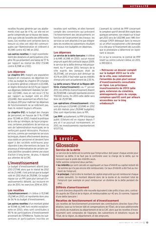 ACTUALITÉ




recettes fiscales générée par ces abatte-       recettes sont notifiées, et elles tiennent       L’avenant du contrat de PPP concernant
ments n’est que de 4 %, car elle est en         compte des conventions qui prévoient             le complexe sportif devrait être signé dans
partie compensée par la hausse des bases,       l’échelonnement des décaissements en             quelques semaines; son impact sur le bud-
ainsi que celle de l’assiette des différentes   fonction de l’avancement des travaux ; les       get 2013 sera de 1,602 M€ avec 1 M€ d’en-
taxes. Ces recettes sont certaines dans la      services se sont attachés à ne pas intégrer      veloppe CPER débloqué dans la mesure
mesure où elles ont déjà été communi-           dans les recettes les subventions résultant      où un effort exceptionnel a été demandé
quées par l’Administration et s’élèvent à       de travaux non budgétés en dépenses.             à la ville pour le financement des surcoûts
41,3 M€ contre 43,1 M€ en 2012.                                                                  que le prestataire a déterminé en repre-
                                                Les dépenses                                     nant le dossier.
Les autres recettes : il s’agit essentielle-
                                                Le service de la dette bancaire : il s’élève
ment des dotations et participations (cha-                                                       En ce qui le concerne, le contrat de PPP
                                                à 4,4 M€ (4,5 M€ en 2012) ; aucun nouvel
pitre 74) qui présentent une baisse de 7,7 %                                                     relatif au centre culturel s’élève, en 2013,
                                                emprunt ayant été contracté depuis 2009,
par rapport au réalisé de 2012 (7,6 M€                                                           à 390 000 €.
                                                le service de la dette diminue mécanique-
contre 8,3 M€ en 2 012).
                                                ment. Au 1er janvier 2013, l’encours de la
                                                ville auprès des banques était de                  Retrouvez un dossier complet
Les dépenses                                                                                     sur le budget 2013 sur le site
Le chapitre 011 : malgré une population         35,373 M€, cet encours doit diminuer de
                                                4,5 % en 2013. Il faut noter que les intérêts    de la ville, avec notamment
toujours en croissance, les dépenses ins-                                                        l’ensemble du plan pluri-annuel
crites au budget du chapitre 011 (charges       d’emprunts sont actuellement de 2,55 %.
                                                                                                 d’investissements consultable
à caractère général) s’élèvent à 22,4 M€,       La dette envers l’Etat et la Région (dif-        en ligne. Les principaux
en légère diminution de 0,5 % par rapport       férés d’amortissement) : au 1er janvier          investissements de 2013 (pôle
aux dépenses réellement réalisées l’an der-     2013, les différés d’amortissement étaient       gare, extension du cimetière,
nier (22,5 M€), mais en net recul (-5 %)        de 25,920M€. L’annuité représente environ        aménagements gens du voyage,
par rapport au budget voté en 2012              700 000 euros, fin 2013 cette dette sera         complexe sportif) sont par ailleurs
(23,6 M€). Non seulement les efforts four-      donc de 25,197 M€.                               accessibles sur le blog
nis depuis 2011 pour maîtriser les dépenses     Les opérations d’investissement : elles          urbabussy.fr
de fonctionnement ne se relâchent pas,          sont prévues à 23,4 M€ (22,8 M€ en 2012
mais ils restent toujours efficaces.            ont été réalisés pour 29,8 M€ budgétés).
Le chapitre 012 : le budget des charges         Elles sont répertoriées dans le PPI.
de personnel, en hausse de 11 % (17 M€          Les PPP: actuellement, le PPP d’éclairage
pour 15,5 M€ en 2012), traduit la politique     public (Citelum) est en vigueur depuis 7
de la ville qui réintègre, de façon progres-    ans et il se poursuit normalement ; en
sive, certaines prestations de services au      2013, les investissements représenteront
sein de l’administration municipale, en la      973 773 €.
renforçant quand nécessaire. Plusieurs
services, comme par exemple les services
techniques, étaient effectivement devenus
sous-dotés en personnel et devaient faire       À savo i r…
appel à des sociétés extérieures pour
répondre à des interventions de base. Ce
processus d’internalisation de certains ser-
                                                 Glossaire
                                                  Service de la dette
vices doit être considéré comme une vision
                                                  Le service de la dette est la somme que l'emprunteur doit payer chaque année pour
d’action à long terme ; de plus, il répond
                                                  honorer sa dette. Il ne faut pas le confondre avec la charge de la dette, qui ne
aux attentes de la CRC.
                                                  recouvre que le poids des intérêts seuls.
                                                  Cette somme comprend deux parties :
L’investissement                                  • les intérêts qui sont calculés en appliquant un taux d'intérêt au capital restant dû
Le budget d’investissement atteint pour
                                                    (la somme qui n'a pas encore été remboursée). Ce taux d'intérêt a été fixé au mo-
2013 27,7 M€ alors que le réalisé de 2012
                                                    ment de l'emprunt.
est de 21,6 M€ ; il est précisé que le budget
                                                  • le principal, c'est-à-dire le montant du capital emprunté qui est remboursé chaque
voté en 2012 était de 29,8 M€. Ce budget
                                                    année (annuité). Ce montant dépend donc de la durée et du montant total de
repose sur un PPI (plan pluri-annuel d’in-
                                                    l'emprunt (par exemple on peut rembourser un dixième de la dette pendant dix
vestissements) détaillé, qui recouvre en
                                                    ans).
plus de 2013, les exercices 2014 et 2015.
                                                  Différés d’amortissement
Les recettes                                      Ce sont d’anciens dispositifs ville nouvelle équivalent à des prêts à taux zéro, contrac-
L’autofinancement : il s’élève à 15,5 M€          tés auprès de l’État et de la région, et remboursables sur 40 ans. En somme, l’opposé
(15,2 M€ en 2012), et représente donc plus        d’une dette bancaire !
de 56 % du budget d’investissement.
                                                  Recettes de fonctionnement et d’investissement
Les autres recettes : d’un montant global         Les recettes de fonctionnement proviennent des contributions directes (taxe d’ha-
de 9,5 M€ (6,3 M€ hors recette exception-         bitation, taxe sur le foncier bâti et compensations de l’État), de la taxe additionnelle
nelle en 2012), elles sont constituées à          aux droits de mutations du département et de la CAF, alors que les recettes d’inves-
90 % de participations d’investissement           tissement sont composées de l’épargne, des subventions et dotations reçues de
provenant de l’EPAMarne. Toutes les sub-          l’État, de la région, du département, et des emprunts.
ventions et participations inscrites en
                                                                                                                      BU SSY MAG N° 153 - AVRIL 201 3   I 13
 