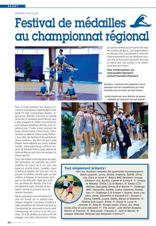 SPORT


          AÉROBIC VITA CLUB




          Festival de médailles
          au championnat régional
                                                                                                 aux jeunes athlètes qui ont porté très haut
                                                                                                 les couleurs de Bussy ! Les organisateurs
                                                                                                 de l’Aerobic Vita Club tiennent à remercier
                                                                                                 chaleureusement tous les bénévoles pour
                                                                                                 leur aide et leur esprit associatif ainsi que
                                                                                                 la mairie pour son soutien à cet événe-
                                                                                                 ment plus que réussi !
                                                                                                 Plus d’informations sur
                                                                                                 www.aerobicvitaclub.fr
                                                                                                 contact@aerobicvitaclub.fr


                                                                                              Équilibre, créativité mais également force
                                                                                              physique sont les compétences qu’il faut
                                                                                              travailler pour se hisser au haut niveau.

                                                                                              Lynda Amami est venu féliciter les jeunes
                                                                                                médaillés du club pour leur bel exploit !


          Pour la toute première fois, Bussy a ac-
          cueilli le championnat régional Basic Chal-
          lenge Fit Step Gymnastique Aerobic, or-
          ganisé par l’Aérobic Vita Club. Le samedi
          26 février, le complexe sportif Michel-Jazy
          a ainsi inauguré ce rendez-vous annuel de
          gymnastique aérobique attendu avec im-
          patience par 7 clubs, venus concourir de
          toute l’Ile-de-France (Villecresnes, Chen-
          nevières-sur-Marne, Choisy-Leroy, Pantin…
          ). Aux côtés des familles et de spectateurs
          venus nombreux, des élus tels que Lynda
          Amami, maire-adjointe aux sports, Isabelle
          Goudal, maire-adjointe aux affaires sco-
          laires et Eduardo Rihan Cypel, député de
          Seine-et-Marne, sont venu encourager les
          jeunes sportifs.
          Sous l’œil expert d’une douzaine de juges,
          150 gymnastes ont présenté des choré-
          graphies de moins de 2 mn avec des
          équerres, grands écarts, roulades, roues      Tout simplement brillants!
          et autres acrobaties. En solo, duo, trio ou              Voici les résultats complets des gymnastes buxangeorgiens :
          groupe, les athlètes ont été jugés sur des                   Basics poussin : Lenny, Keisha, Angelina, Sybille, Olivia,
          critères artistiques et techniques ainsi                        Léa, Clara et Anaïs 1er. Basics BMC benjamin ; Groupe
          que sur les difficultés. Agés de 6 à 20                           d'Alienor : Isis, Aurélie, Camille et Emma K : 1er. Groupe
          ans, les élèves de l’Aérobic Vita Club                             de Mileana : Emilie, Lily et Manon : 5e. Basics CJS :
          ont démontré toute l’étendue de leur                               Mélissa, Gwenaelle, Emma R et Marine 1er. Challenge
          talent, comme le prouvent leurs ex-                                BMC : Alexandre, Aurélie, Leana, Valentine, Romée,
          cellents résultats !                                               Ines : 1er. Challenge CJS Groupe 1 : Audrey, Anne Lise,
          Après seulement 4 ans d’existence, le                             Alice, Anais, Samantha et Alexandra 1er ; Groupe 2 :
          club est monté sur le podium dans                                Emma, Camille, Louise, Gaëlle, Manon et Delphine : 3e.
          chaque catégorie ! Les beaux résultats à                       Fédéral Solo espoir : Eléna : 1re, Eloise 3e, Lucie 4e,
          cette compétition les mènent tout droit au                 Jennyfer 5e, Aline 6e. Groupe espoir : Elena, Jen, Aline,
          championnat de zone avant le sacro-saint      Eloise, Elsa et Lucie (blessée) : 1er. Trio Junior : Julie (forfait blessée),
          championnat de France, le 24 mai pro-         Marion et Francois : 5e. Solo junior : François 2e, Julie et Marion : 6e
          chain. 20 à 30 athlètes du club sur les 44    exæquo (blessée). National solo benjamin : Victoria 1re.
          engagés sont déjà sélectionnés ! Bravo

24 I   BUSSY MAG N° 153 - AVR IL 2013
 