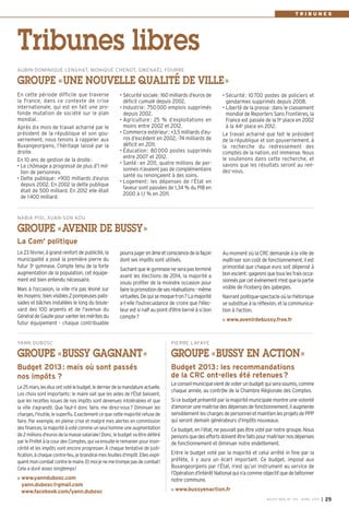 TRIBUNES




Tribunes libres
AUBIN-DOMINIQUE LENGHAT, MONIQUE CHENOT, GWENAËL FOURRE

GROUPE « UNE NOUVELLE QUALITÉ DE VILLE »
En cette période difficile que traverse                • Sécurité sociale : 160 milliards d’euros de      • Sécurité : 10 700 postes de policiers et
la France, dans ce contexte de crise                     déficit cumulé depuis 2002.                        gendarmes supprimés depuis 2008.
internationale, qui est en fait une pro-               • Industrie : 750 000 emplois supprimés            • Liberté de la presse : dans le classement
fonde mutation de société sur le plan                    depuis 2002.                                       mondial de Reporters Sans Frontières, la
mondial.                                               • Agriculture : 25 % d’exploitations en              France est passée de la 11e place en 2002
Après dix mois de travail acharné par le                 moins entre 2002 et 2012.                          à la 44e place en 2012.
président de la république et son gou-                 • Commerce extérieur : +3,5 milliards d’eu-        Le travail acharné que fait le président
vernement, nous tenons à rappeler aux                    ros d’excédent en 2002, -74 milliards de         de la république et son gouvernement, à
Buxangeorgiens, l’héritage laissé par la                 déficit en 2011.                                 la recherche du redressement des
droite.                                                • Éducation : 80 000 postes supprimés              comptes de la nation, est immense. Nous
                                                         entre 2007 et 2012.                              le soutenons dans cette recherche, et
En 10 ans de gestion de la droite :
                                                       • Santé : en 2011, quatre millions de per-         savons que les résultats seront au ren-
• Le chômage a progressé de plus d’1 mil-
                                                         sonnes n’avaient pas de complémentaire           dez-vous.
  lion de personnes.
                                                         santé ou renonçaient à des soins.
• Dette publique : +900 milliards d’euros
                                                       • Logement : les dépenses de l’État en
  depuis 2002. En 2002 la dette publique
                                                         faveur sont passées de 1,34 % du PIB en
  était de 500 milliard. En 2012 elle était
                                                         2000 à 1,1 % en 2011.
  de 1 400 milliard.


NABIA PISI, XUAN-SON KOU

GROUPE «AVENIR DE BUSSY»
La Com' politique
Le 23 février, à grand renfort de publicité, la        pourra juger en âme et conscience de la façon      Au moment où la CRC demande à la ville de
municipalité a posé la première pierre du              dont ses impôts sont utilisés.                     maîtriser son coût de fonctionnement, il est
futur 3e gymnase. Compte tenu de la forte                                                                 primordial que chaque euro soit dépensé à
                                                       Sachant que le gymnase ne sera pas terminé
augmentation de la population, cet équipe-                                                                bon escient: gageons que tous les frais occa-
                                                       avant les élections de 2014, la majorité a
ment est bien entendu nécessaire.                                                                         sionnés par cet événement n'est que la partie
                                                       voulu profiter de la moindre occasion pour
Mais à l’occasion, la ville n'a pas lésiné sur         faire la promotion de ses réalisations - même      visible de l'iceberg des gabegies.
les moyens: bien visibles 2 pompeuses palis-           virtuelles. De qui se moque-t-on? La majorité      Navrant politique-spectacle où la rhétorique
sades et bâches installées le long du boule-           a-t-elle l'outrecuidance de croire que l'élec-     se substitue à la réflexion, et la communica-
vard des 100 arpents et de l'avenue du                 teur est si naïf au point d'être berné à si bon    tion à l'action.
Général de Gaulle pour vanter les mérites du           compte?
                                                                                                            www.avenirdebussy.free.fr
futur équipement - chaque contribuable


YANN DUBOSC                                                                      PIERRE LAFAYE

GROUPE «BUSSY GAGNANT»                                                           GROUPE «BUSSY EN ACTION»
Budget 2013 : mais où sont passés                                                Budget 2013 : les recommandations
nos impôts ?                                                                     de la CRC ont-elles été retenues ?
                                                                                 Le conseil municipal vient de voter un budget qui sera soumis, comme
Le 25 mars, les élus ont voté le budget, le dernier de la mandature actuelle.
                                                                                 chaque année, au contrôle de la Chambre Régionale des Comptes.
Les choix sont importants: le maire sait que les aides de l'État baissent,
que les recettes issues de nos impôts sont devenues intolérables et que          Si ce budget présenté par la majorité municipale montre une volonté
la ville s'agrandit. Que faut-il donc faire, me direz-vous? Diminuer les         d’amorcer une maitrise des dépenses de fonctionnement, il augmente
charges, l'inutile, le superflu. Exactement ce que cette majorité refuse de      sensiblement les charges de personnel et maintien les projets de PPP
faire. Par exemple, en pleine crise et malgré mes alertes en commission          qui seront demain générateurs d’impôts nouveaux.
des finances, la majorité à voté comme un seul homme une augmentation            Ce budget, en l’état, ne pouvait pas être voté par notre groupe. Nous
de 2 millions d'euros de la masse salariale! Donc, le budget va être déféré      pensons que des efforts doivent être faits pour maitriser nos dépenses
par le Préfet à la cour des Comptes, qui va ensuite le remanier pour insin-      de fonctionnement et diminuer notre endettement.
cérité et les impôts vont encore progresser. À chaque tentative de justi-
fication, à chaque contre-feu, je brandirai mes feuilles d'impôt. Elles expli-   Entre le budget voté par la majorité et celui arrêté in fine par la
quent mon combat contre le maire. Et moi je ne me trompe pas de combat!          préfète, il y aura un écart important. Ce budget, imposé aux
Cela a duré assez longtemps!                                                     Buxangeorgiens par l’État, n’est qu’un instrument au service de
                                                                                 l’Opération d’Intérêt National qui n’a comme objectif que de bétonner
  www.yanndubosc.com                                                             notre commune.
  yann.dubosc@gmail.com
  www.facebook.com/yann.dubosc                                                     www.bussyenaction.fr
                                                                                                                               BU SSY MAG N° 153 - AVRIL 201 3   I 25
 