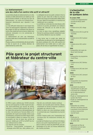 D O S S I E R
L’urbanisation
de la ville
en quelques dates
15 octobre 1985
• Création de l’agglomération
nouvelle de Bussy Saint-
Georges
1984
• Création de la ZAC village
1986
• Création de la ZAC du golf de
l’Épinette
1989
• Création de la ZAC Gustave-
Eiffel
1990
• Création de la ZAC centre-
ville
1992
• Inauguration de la gare de
Bussy Saint-Georges
1993
• Inauguration du programme
Grand Place
1994
• Création de la ZAC Génitoy-
nord
2002
• Création de la ZAC des Cent-
Arpents
2005
• Création de la ZAC Léonard-
de-Vinci
2007
• Inauguration du programme
place de la Marne
2010
• Lancement du projet de
requalification du pôle gare
• Lancement de la réflexion
sur le stationnement en
centre-ville
• Étude sur l’aménagement de
la place des Foires
• Étude sur l’aménagement de
la Grand place
2011
• Élaboration du schéma
directeur de liaisons douces
• Lancement d’une étude pour
la mise en œuvre d’un
marché forain
2012
• Étude pour la
redynamisation commerciale
du centre-ville
2013
• Lancement du Plan de
Prévention du bruit dans
l’Environnement
BUSSY MAG N° 157 - SEPTEMBRE 2013 I 17
Les premières études de stationnement sur la ville,
menées en 2009, démontrent une réalité qui n’est
pas forcément évidente: la ville jouit d’un parc de
stationnement – sur voirie et en infrastructure –
largement dimensionné pour répondre à ses
besoins.
La vraie difficulté réside dans le non-respect des
zones de stationnement réglementé, notamment
des usagers du RER qui mobilisent des places du
centre-ville, empêchant ainsi la bonne rotation des
véhicules nécessaire à la vie commerciale et
administrative.
Le stationnement est ainsi une thématique
incontournable dans la redynamisation actuelle du
centre-ville.
Plusieursactionsontétédéclinéesafindepermettre
la mise en œuvre de ce schéma directeur de
stationnement du centre-ville:
• La délégation de service public confiant à Vinci la
gestion du parc relais dès le début du mois de
juilletetsestravauxderevalorisation(début2014)
ont pour objectif de permettre un maximum de
rabattement vers ce parking,
• Le contrôle sur voirie dans les zones bleues a été
renforcé en journée, permettant une meilleure
rotation des véhicules sur les zones les plus
dynamiques,
• La mise en place d’une signalétique adaptée
fléchant les parkings existants (notamment celui
du Carrefour Market en sous-sol, inutilisé)
À long terme avec le projet plus global de
requalification du pôle gare et de réaménagement
des places publiques de la ville, cette question de
stationnement sera traitée dans un cadre plus
global, afin de mieux en appréhender les enjeux.
Le stationnement :
une des clefs d’un centre-ville actif et attractif
Pôle gare: le projet structurant
et fédérateur du centre-ville
En 1992, la gare, calibrée pour 10000 entrants
par jour, est inaugurée. En 2010, la gare est satu-
rée, particulièrement aux heures de pointe,
puisqu’on y recense 9954 entrants par jour. Et
au regard des perspectives démographiques de
la ville, il est estimé qu’à l’horizon 2026, la fré-
quentation de la gare aura doublé. Grâce à une
sensibilisation constante de la RATP depuis 2007,
la municipalité a obtenu la création d’un accès
secondaire (en lieu et place des sorties de
secours). Validés par le STIF et la RATP, les tra-
vaux démarreront en 2015.
Les objectifs sont les suivants:
• Favoriser l’intermodalité (croisement et
échanges entre RER, bus, vélos, piétons, etc.)
• Recréer une continuité urbaine nord/sud,
• Réaliser une nouvelle porte d’entrée à Bussy,
notamment en termes d’insertion urbaine et
paysagère qui valorise la ville,
• Mettre en place une vraie dynamique sociale
et commerciale avec l’implantation du marché
forain,
• Animer l’espace public avec l’implantation de
terrasses pour les restaurants existants, de
kiosques…
Le projet est finalisé et son coût fixé à 10 millions
d’euros sera porté majoritairement par le STIF
dans le cadre du contrat de pôle/PDUIF, puis par
l’aménageur et la ville. Les travaux débuteront
dès l’année prochaine.
BUSSY 157_Mise en page 1 02/09/13 16:59 Page17
 