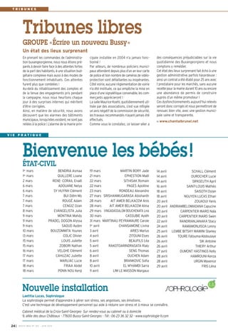 cipale installée en 2004 n’a jamais fonc-
tionné !
Par ailleurs, de nombreux policiers munici-
paux attendent depuis plus d’un an leur carte
de police et bon nombre de caméras de vidéo-
protection sont défaillantes ou inopérantes.
Côté voirie, aucune réglementation de voirie
n’a été instituée, ce qui empêche la mise en
place d’une signalétique convenable, les com-
merçants apprécieront !
La salle Maurice-Koehl, quotidiennement uti-
lisée par des associations, s’est vue infligée
un avis négatif de la commission de sécurité,
les travaux recommandés n’ayant jamais été
effectués.
Comme vous le constatez, ce laisser-aller a
En prenant les commandes de l’administra-
tion buxangeorgienne, nous nous étions pré-
parés à devoir faire face à des attentes fortes
de la part des habitants, à une situation bud-
gétaire complexe mais aussi à des modes de
fonctionnement inhabituels. Ces attentes
furent plus que comblées !
Au-delà du rétablissement des comptes et
de la tenue des engagements pris pendant
la campagne, nous nous heurtons chaque
jour à des surprises internes qui méritent
d’être corrigées.
Ainsi, en matière de sécurité, nous avons
découvert que les alarmes des bâtiments
municipaux, lorsqu’elles existent, ne sont pas
reliées à la police ! L’alarme de la mairie prin-
des conséquences préjudiciables sur la vie
quotidienne des Buxangeorgiens et nous
comptons y remédier.
Cet état des lieux surprenant fait écho à une
gestion administrative parfois hasardeuse :
ainsi un contrat a été établi pour 25 ans avec
1 prestataire pour les marchés, sans aucune
recette pour la mairie durant 10 ans ou encore
une abondance de permis de construire
auprès d’un même promoteur !
Ces dysfonctionnements aujourd’hui relevés
seront donc corrigés et nous permettront de
renouer, bien vite, avec une gestion munici-
pale saine et transparente.
www.chantalbrunel.net
GROUPE «Écrire un nouveau Bussy»
Tribunes libres
Un état des lieux surprenant
T R I B U N E S
V I E P R A T I Q U E
19 mars MARTIN BORY Jade
21 mars EPHESTION Maël
22 mars SITHISAK Romain
22 mars PAGES Apolline
23 mars RONDEAU Alexandre
27 mars SRISHANMUGARASA Abishanth
28 mars AIT AMER BELKACEM Anis
28 mars AIT AMER BELKACEM Alina
29 mars VINGADASSALOM BOUCHENAFA Lina
30 mars CASSUBIE Ayléh
31 mars MARTINAU PEYRAMAURE Carole
1er
avril CHANSAMONE Livina
3 avril ARIES Marius
4 avril ZITOUNI Elyes
5 avril BEAUFILS Léa
5 avril RAKOTOARINDRASATA Rialy
6 avril SENG Thomas
8 avril OUCHEN Adam
8 avril BRANKOVIC Sofia
10 avril EL M’HAMDI Sarra
11 avril LIM LE MASSON Margaux
1er
mars BENDRIA Asmaa
1er mars QUILLERE Loane
2 mars RENE- CORAIL Enaël
6 mars ADOUANE Nelya
6 mars SY HUYNH Clément
7 mars BUI Diêm-My
7 mars ROUGÉ Adam
7 mars CENGIZ Ozan
8 mars EVANGELISTA Julia
9 mars MONTINA Mahdy
9 mars PRADEL DOGON Alyssa
9 mars SAOUD Ayden
10 mars BOUZOMMITA Younes
13 mars COLIC Olivier
15 mars LOUIS Juliette
15 mars ZOBORI Nathan
16 mars VELGHE Clément
17 mars CAHUZAC Juliette
17 mars MARLIAC Lucie
18 mars FRIAA Abdel
18 mars PONN NOU Kenji
14 avril SCHALL Clément
14 avril DUROCHER Lucie
14 avril SIPASEUTH April
16 avril SAINT-LOUIS Mathéo
18 avril SAISOTH Dylan
18 avril NGUYEN LUCAS Ethan
20 avril ZOUAOUI Yanis
20 avril ANDRIAMBELOMIADANA Capucine
20 avril CARPENTIER INARD Naïa
20 avril CARPENTIER INARD Swen
22 avril RANDRIANJANAKA Stacy
24 avril RAMAMONJISOA Lenny
25 avril LEMBE BITSHY MAWINI Stanley
26 avril TOURE Fatouma-Abdoulaye
26 avril SIK Antoine
26 avril THIERY Arthur
27 avril DUMONT HASTINGS Kelly
28 avril HAMROUNI Kenza
28 avril URGIN Maxence
29 avril FRIS Léna
Bienvenue les bébés!ÉTAT-CIVIL
Laetitia Lucas, Sophrologue 
La sophrologie permet d'apprendre à gérer son stress, ses angoisses, ses émotions. 
C'est une technique de développement personnel qui aide à réduire son stress et à mieux se connaître.
Cabinet médical de la Croix-Saint-Georges- Sur rendez-vous au cabinet ou à domicile 
9, allée des deux Châteaux - 77600 Bussy-Saint-Georges - Tél : 06 23 36 32 32 - www.sophrologie-ll.com
Nouvelle installation
I BUSSY MAG N° 165 - JUIN 201424
 