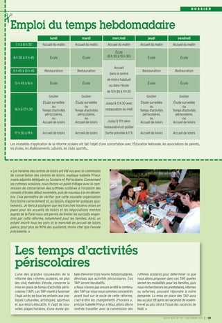 ✁ 
Emploi du temps hebdomadaire 
lundi mardi mercredi jeudi vendredi 
BUSSY MAG N° 167 - SEPTEMBRE 2014 I 19 D O S S I E R 
7 h à 8 h 30 Accueil du matin Accueil du matin Accueil du matin Accueil du matin Accueil du matin 
8 h 30 à 11 h 45 École École 
École 
(8 h 30 à 10 h 30) École École 
Accueil 
11 h 45 à 13 h 45 Restauration Restauration Restauration Restauration 
dans le centre 
de loisirs habituel 
ou dans l'école 
de 10h30 à 11h30 
........................................... 
Jusqu’à 13h30 avec 
restauration du midi 
........................................... 
Jusqu’à 19h avec 
restauration et goûter 
Sortie possible à 17h 
13 h 45 à 16 h École École École École 
16 h à 17 h 30 
Goûter 
Étude surveillée 
ou 
Temps d’activités 
périscolaires, 
ou 
Accueil de loisirs 
Goûter 
Étude surveillée 
ou 
Temps d’activités 
périscolaires, 
ou 
Accueil de loisirs 
Goûter 
Étude surveillée 
ou 
Temps d’activités 
périscolaires, 
ou 
Accueil de loisirs 
Goûter 
Étude surveillée 
ou 
Temps d’activités 
périscolaires, 
ou 
Accueil de loisirs 
17 h 30 à 19 h Accueil de loisirs Accueil de loisirs Accueil de loisirs Accueil de loisirs 
Les modalités d’application de la réforme scolaire ont fait l’objet d’une concertation avec l’Éducation Nationale, les associations de parents, 
les écoles, les établissements culturels, les clubs sportifs... 
« Les horaires des centres de loisirs ont été vus avec la commission 
de concertation des centres de loisirs, explique Isabelle Prieur, 
maire adjointe déléguée au Scolaire et Périscolaire. Concernant 
les rythmes scolaires, nous ferons un point d’étape avec la com-mission 
de concertation des rythmes scolaires à l’occasion des 
conseils d’écoles début novembre, puis de nouveau à la mi-décem-bre. 
Cela permettra de vérifier que cette nouvelle organisation 
fonctionne correctement et, au besoin, d’apporter quelques ajus-tements. 
Je tiens à souligner que les tranches horaires mises en 
place pour les accueils de loisirs et les négociations menées 
auprès de la Focel nous ont permis de limiter les surcoûts engen-drés 
par cette réforme, notamment pour les familles. Ainsi, un 
enfant inscrit tous les soirs et le mercredi en accueil de loisirs 
paiera, pour plus de 90% des quotients, moins cher que l'année 
précédente. » 
Les temps d’activités 
périscolaires 
L’une des grandes nouveautés de la 
réforme des rythmes scolaires, en plus 
des cinq matinées d’école, concerne la 
mise en place de temps d’activités péris-colaires 
(TAP). Les TAP visent à favoriser 
l’égal accès de tous les enfants aux pra-tiques 
culturelles, artistiques, sportives 
et aux loisirs éducatifs. Il s’agit de nou-velles 
plages horaires, d’une durée glo-bale 
d’environ trois heures hebdomadaires, 
dévolues aux activités périscolaires. Ces 
TAP seront facultatifs. 
« Nous n’avons pas encore arrêté le contenu 
des TAP car nous nous sommes concentrés 
avant tout sur le socle de cette réforme, 
c’est-à-dire les changements d’horaire », 
précise Isabelle Prieur. « Nous allons dès la 
rentrée travailler avec la commission des 
rythmes scolaires pour déterminer ce que 
nous allons proposer dans ces TAP, quelles 
seront les modalités pour les familles, puis 
nous rechercherons les prestataires, internes 
ou externes, pouvant répondre à notre 
demande. La mise en place des TAP aura 
lieu au plus tôt après les vacances de novem-bre 
et au plus tard à l’issue des vacances de 
Noël. » 
 