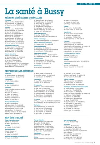 V I E P R A T I Q U E 
BUSSY MAG N° 168 - OCTOBRE 2014 I 31 
La santé à Bussy 
M. Le Bozec Jérôme - Tél. 0145146600 
Mme Porro Dominique - Tél. 0164663333 
M. Renaud Gilles - Tél. 0145146600 
M. Seing Sao - Tél. 0164772954 
M. Ternon Rodolphe - Tél. 0164663333 
M. Thao François - Tél. 0164766712 
Mme Tran Doan Phuong - Tél. 0164670256 
M. Zaghlan Atef - Tél. 0164667682 
Médecins Acupuncteurs 
M. Seing Sao - Tél. 0164772954 
Mme Ho-Nguyen Mong-Quyen - Tél. 0164660784 
Médecin endocrinologue 
Mme Jugie- Rongier Anne-Sophie - Tél. 0164660450 
Médecin hépato-gastro-entérologue 
M. El Naggar Ahmed - Tél. 01 64 44 13 32 
Médecins homéopathes 
M. Gozlan Michel - Tél. 0160176964 
Mme Hoffmann-Raveloson Clara - Tél. 0164668888 
M. Ternon Rodolphe - Tél. 0164663333 
Médecins Nutritionnistes 
Mme Ho-Nguyen Mong-Quyen - Tél. 0164660784 
Mme Jugie-Rongier Anne-Sophie - Tél. 0164660450 
Ophtalmologistes 
M. Bokobza Sébastien - Tél. 0164772279 
M. Rabah-Benabbas Salim - Tél. 0164774961 
M. Vitrice Sebe - Tél : 01 60 35 12 30 
Orthodontistes 
Mme Ho Vo Tuan - Tél. 0164661000 
Cardiologues 
M. Peyrot Jean-Marc - Tél. 0164764742 
M. Lussato Philippe - Tél. 0164764742 
Mme Jeunet-Hurreesing - Tél. 0164669121 
Dentistes 
Mme Carret Laurence - Tél. 0160944102 
Mme Dang Mong-Hoan - Tél. 0164660860 
Mme Dang-Vo - Tél. 0164668264 
Mme Daviaux Laure - Tél. 0164669595 
M. Durand Romain - Tél. 0164669595 
Mme Fourcade - Tél. 0160210127 
M. Jaubert Vincent - Tél. 0164662779 
M. Naili Abderrahim - Tél. 0164662525 
Mme Solinhac Fabienne - Tél. 0164662525 
Mme Vernier Sandrine - Tél. 0164662525 
Gynécologues Obstétriciens 
Mme Forascu Ruxandra - Tél. 0967177238 
Mme Hozer Brigitte - Tél. 0164660789 
M. Kouvahé Vincent - Tél. 01 75 73 62 91 
M. Séguret Philippe - Tél. 0164668559 
Médecins généralistes 
M. Apithy - Tél. 0164667488 
Mme Bachelard Elisabeth - Tél. 0145146600 
Mme Bellec Claire - Tél. 06 10 60 26 43 
Mme Blin Marie - Tél. 0145146600 
M. Dang Christian - Tél. 0164771057 
Mme Hoffmann-Raveloson Clara - Tél. 0164668888 
Mme Ho-Nguyen Mong-Quyen - Tél. 0164660784 
M. Klein Jean-Michel - Tél. 0164660609 
Mme Ho Bich - Tél. 0164661000 
Mme Si Kimget - Tél. 0164775008 
M. Tuil Philippe - Tél. 0164661000 
Pédiatres 
Mme Buzot Corinne - Tél. 0164662716 
Mme Seguret Brigitte - Tél. 0164664280 
Sages-femmes 
Mme Jacobee Martine - Tél. 0164662283 
Mme Bret Annie - Tél. 0164662283 
Mme Nestile Aliénor - Tél. 0164771374 
Mme Rivierre Caroline - Tél. 06 45 23 97 84 
Pharmacies 
Pharmacie Ancel - Tél. 0164772950 
Pharmacie du Marché - Tél. 0164668569 
Pharmacie de La Croix Saint-Georges - Tél. 0164661796 
Pharmacie de la Gare - Tél. 0164669007 
Pharmacie du RER - Tél. 0164669084 
Pharmacie O Vert - Tél. 0164763082 
Laboratoires d’analyses médicales 
Dr Rostoker - Tél. 0164772121 
Dr Harrabi - Tél. 0164662727 
Radiologie 
Centre d’imagerie médicale Galilée - Tél. 0164768094 
Vétérinaires 
Dr Leroux - Tél. 0164668484 
Dr Lacaze-Masmonteil - Tél. 0164668484 
MÉDECINS GÉNÉRALISTES ET SPÉCIALISÉS 
M. Menigoz Raphäel - Tél. 0160941284 
M. Reichenbach Guillaume - Tél. 0160941284 
M. Vogel Alexandre - Tél. 0951715546 
Naturopathes 
M. Huyghe Fabrice - Tél. 0607096617 
Sagesse de Vie - Tél. 0614391566 
Orthophonistes 
Mme Bertrand Jocelyne - Tél. 0164662009 
Melle Buet Sylvia - Tél. 0160039285 
Mme Duchaussoy Estelle - Tél. 0164772428 
Mme Facundo Frédérique - Tél. 0164668935 
Mme Grangeard Isabelle - Tél. 0164662009 
Mme Oudin Fabienne - Tél. 0164662009 
Mme Lemaire Diane - Tél. 0164668935 
Orthoptiste 
Mme Munch Anne-Lise - Tél. 0164766354 ou 0673611446 
Mme Taurand Fanny - Tél. 0160035996 ou 0683027897 
Ostéopathes 
Mme Courtois Véronique - Tél. 0164667927 
M. Coste Jean-Louis - Tél. 0164660143 
M. Faverolle Nicolas - Tél. 0164667927 
M. Lieuré Benjamin - Tél. 0160941363 
M. Martin Thierry - Tél. 0164660939 
Diététicienne 
Mlle Baudouin Ludivine - Tél. 0638866659 
Mme Bertrand Emeline - Tél. 0164770142 
Ergothérapeute 
Mme Raffin - Tél. 0615583866 
Graphothérapeute 
Mme Sirica - Tél. 0668607036 
Infirmièr(e)s 
Cabinet d’infirmières Ajzenberg et Pietrobon - 
Tél. 0164664246 
Mme Corneil - Tél. 0164661731 
Mme Kieken - Tél. 0164661731 
Mme Delaval - Tél. 0164661133 
Mme Henrion - Tél. 01 64 66 05 77 
M. Bulard - Tél. 01 64 66 05 77 
Masseurs-Kinésithérapeutes 
Mme Barbé - Tél. 0164661012 
M. Belgacem Mounir - Tél. 0164670535 
M. Champrobert Francis - Tél. 0164660902 
M. Chauvel Stéphane - Tél. 0951715546 
M. Lemaire Cédric - Tél. 0164661012 
M. et Mme Lu et M. Coniac - Tél. 01 64 67 82 08 
M. Martin Thierry - Tél. 0164660939 
Mme Techer Anne - Tél. 0632662411 
M. Teissedre-Dalou François - Tél. 0616303738 
Mme Trécul Delphine -Tél. 0164662892 
Pédicures-Podologues 
Mlle Chardaire Sandrine - Tél. 0672270753 
M. Dessaux Geoffroy - Tél. 0164667862 
Mme Olier Marie-Christine - Tél. 0164661484 
Psychologues, Psychothérapeutes, Psychanalystes 
Mme Adélaïde Alexandra - Tél. 0625466661 
Mme Auzias Viviane - Tél. 0683087138 
Mme Choulze Marlène - Tél. 0667116480 
Cabinet de Mmes Ferreira et Jouannaud - Tél. 0164663399 
Mme Gil Catherine - Tél. 0687226252 
M. Girard Franck - Tél. 0676487972 
Mme Hidalgo Thi-Thu - Tél. 0686284143 
Mme Lachkar - Tél. 0663779741 
Mme Marçal Picart Rosane - Tél. 06 80 87 88 63 
Mme Mytnik Brigitte - Tél. 0682968552 
Mme Queyrel Sandrine - Tél. 0661107737 
Mme Rodier - Tél. 0164663069 
Mme Sirica Marie - Tél. 0164775159 
M. Stecher Alain - Tél. 0164660420 
PROFESSIONS PARA-MÉDICALES 
BIEN-ÊTRE ET SANTÉ 
Énergie traditionnelle chinoise 
M. Baldin - Tél. 0164661279 
Mme Meyer - Tél. 0660588050 
Étiopathie 
Mme Tran Julie - Tél. 06 22 12 28 37 
Réflexologie plantaire 
Relaxasia - Massages thaï 
Tél. 0684497345 
Mme Fayada - Tél. 0164763117 
Relaxologie-Massage-bien-être et nutripuncture 
Mme Fayada - Tél. 0164763117 
Massage-Relaxation 
Mme Barin Véronique - Tél.: 0628535992 
Essence Reiki - Tél.0620426098 
M. Luchez Lucien - Tél. 0610879706 
Michèle Magnétiseuse - Tél. 0688600461 
Mme Quinzanelli Laurence - Tél.0624405156 
Mme Robert Mahnoosh - Tél. 0670220565 
Mme Rouvier Tania - Tél. 0609630206 
Neurofeedback 
Mme Hollander - Tél. 06 74 90 89 71 
Shiatsu 
Mme Descroix Stéphane - Tél. 0680333678 
Soins énergetiques-trame 
Mme Ananian - Tél. 0603941732 
Sophrologues 
M. Degrincourt - Tél. 0671757416 
Mme Foubert Berlet - Tél. 0662326169 
Mme Givre Isabelle - Tél. 06 78 58 31 59 
Mme Hedwig Lötscher Chamodon - Tél. 0164661016 
ou 0675488784 
Mme Lecoq Brigitte - Tél. 0613464730 
Mme Mugard - Tél. 06 81 93 31 78 
Mme Nathalie Guillet - Tél : 07 82 19 38 95 
Mme Schnell Sandrine - Tél.0647114279 
 