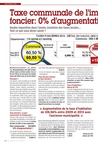 Taxe communale de l’im 
foncier: 0% d’augmentati 
Double imposition dans l’année, évolution des taxes locales… 
Tout ce que vous devez savoir ! 
Malheureusement , en 2014, 
les Buxan georgiens ont subi 2 impo-sitions 
dans la même année. Car, en 
février 2014, ils ont payé les impôts 
locaux de 2013, avec un an de retard. 
Pourquoi ? 
L’an passé, c’est le préfet qui a décidé 
des taux de l’impôt de 2013, en raison 
de l’insincérité du budget du maire pré-cédent. 
Cette longue procédure a 
retardé l’envoi des impôts locaux 2013, 
qui ont donc été reportés sur l’année 
2014, d’où un décalage dans le temps. 
En septembre 2014, nous avons reçu 
les taxes pour l’année 2014 et cette 
fois, sans retard, car le budget n’a pas 
été renvoyé à la Chambre Régionale 
des Comptes. Cette année, retour à la 
normalité : les Buxangeorgiens payent 
donc leurs impôts en même temps que 
tous les Français. 
Taxe foncière : la part 
communale ne change pas ! 
Comme vous avez pu le constater sur 
vos feuilles d’imposition, si vous êtes pro-priétaire, 
la part communale de la taxe 
foncière du bâti n’a pas augmenté. 
Part communale : 60,50% 
0% d’augmentation ! 
Les seules hausses relèvent de : 
• La toute nouvelle taxe de l’intercommu-nalité 
(Communauté d’Agglomération 
de Marne-et-Gondoire) 0,886 % 
• de l’État (Taxe spéciale d’équipement) 
18,82% 
• et de la Sietrem (taxe des ordures 
ménagères) 4,2% 
Trop tôt pour baisser 
la taxe foncière ! 
Héritant d’une gestion désastreuse et 
d’une comptabilité catastrophique, la 
nouvelle équipe ne peut pas baisser 
cette taxe en si peu de temps, en dépit 
de ses efforts. 
Déterminée à alléger au maximum les 
taxes du contribuable buxangeorgien, 
la nouvelle équipe a tout de même 
réussi cette année à stabiliser la taxe 
foncière. Mais ce n’est qu’un début ! 
L’inversion de la courbe est bien un 
objectif prioritaire du mandat. 
Bussy Saint-Georges détient le record de 
la hausse des impôts locaux en France. 
Un palmarès dont les Buxangeorgiens 
se passeraient bien… Avec l’ancienne 
municipalité, la taxe d’habitation a aug-menté 
de manière insupportable, fai-sant 
même les gros titres de la presse! 
Multiplication de permis de construire, 
dépenses de fonctionnement en 
hausse, PPP…la facture laissée par l’an-cienne 
municipalité est exorbitante ! 
Aussi, toutes les mesures seront prises 
pour que les taxes reviennent dès que 
possible à un niveau normal et suppor-table 
pour les habitants. Mais cette 
situation ne peut être assainie que 
progressivement ! 
Taxe d’habitation : 
baisse de 2% 
L’un des engagements forts de la nou-velle 
municipalité est bien entendu la 
baisse de la taxe d’habitation annoncée 
durant la campagne électorale. 
Objectif : soulager autant que possible 
les Buxangeorgiens, victimes ces der-nières 
années d’une explosion de leurs 
taxes. 
En 2014, comme vous pourrez très 
bientôt le constater, la nouvelle muni-cipalité 
a réussi à la baisser de 2% et 
tiendra en 2015 ses engagements de 
baisse de 15% (au total), de la taxe 
d'habitation : 
• 2014 baisse de 2% 
• 2015 baisse de 13% 
A C T U A L I T É 
I BUSSY MAG N° 8 168 - OCTOBRE 2014 
« Augmentation de la taxe d’habitation 
de 128,56% entre 2009 et 2013 avec 
l’ancienne municipalité. » 
 