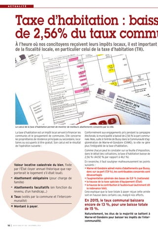 A C T U A L I T É 
Taxe d’habitation : baiss 
de 2,56% du taux commu 
À l’heure où nos concitoyens reçoivent leurs impôts locaux, il est important 
de la fiscalité locale, en particulier celui de la taxe d’habitation (TH). 
Le calcul de la taxe d’habitation permet de montrer de meilleurs abattements consentis par la ville. 
Conformément aux engagements pris pendant la campagne 
électorale, la municipalité a baissé de 2,56% la part commu-nale. 
Mais, suite à l’entrée de Bussy dans la Communauté d’ag-glomération 
de Marne-et-Gondoire (CAMG), la ville ne gère 
plus l’intégralité de la taxe d’habitation. 
Comme chacun peut le constater sur sa feuille d’imposition, 
dans le détail des cotisations, la taxe d’habitation baisse de 
2,56 % (44,92 % par rapport à 46,1 %) 
En revanche, il faut souligner malheureusement les points 
suivants : 
• Marne-et-Gondoire admet moins d’abattements que Bussy, 
donc sur sa part (7,9%), les contribuables concernés sont 
désavantagés 
• l’augmentation générale des bases de 0,9 % (nationale) 
• la hausse de la taxe spéciale d’équipement (État) 
• la hausse de la contribution à l’audiovisuel (autrement dit 
la redevance télé), 
Cela explique que la taxe totale à payer reçue cette année 
soit en hausse dans certains cas, malgré nos efforts. 
La taxe d’habitation est un impôt local servant à financer les 
communes et le groupement de communes. Elle concerne 
les propriétaires de résidence principale ou secondaire, loca-taires 
ou occupants à titre gratuit. Son calcul est le résultat 
de l’opération suivante : 
Valeur locative cadastrale du bien, fixée 
par l’État (loyer annuel théorique que rap-porterait 
le logement s’il était loué). 
– Abattement obligatoire (pour charge de 
famille) 
– Abattements facultatifs (en fonction du 
revenu, d’un handicap…) 
x Taux (votés par la commune et l’intercom-munalité) 
= Montant à payer. 
I BUSSY MAG N° 16 169 - NOVEMBRE 2014 
En 2015, le taux communal baissera 
encore de 13 %, pour une baisse totale 
de 15 %. 
Naturellement, les élus de la majorité se battent à 
Marne-et-Gondoire pour baisser les impôts de l’inter-communalité. 
 