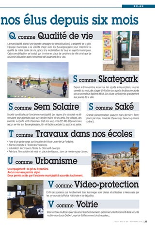 B I L A N 
nos élus depuis six mois 
Q comme Qualité de vie 
La municipalité a lancé une grande campagne de sensibilisation à la propreté de la ville. 
L’équipe municipale a la volonté d’agir avec les Buxangeorgiens pour maintenir la 
qualité de notre cadre de vie, grâce à la mobilisation de tous les agents municipaux. 
Cette sensibilisation se traduit par la mise en place de cendriers de ville ainsi que de 
nouvelles poubelles dans l’ensemble des quartiers de la ville. 
S comme Skatepark 
Depuis le 8 novembre, le service des sports a mis en place, tous les 
samedis du mois, des stages d’initiation aux sports de glisse, encadrés 
par un animateur diplômé d’État. Ces cours sont donnés gratuitement 
aux jeunes de la ville. 
S comme Saké 
Grande consommation jusqu’en mars dernier ! Rem-placé 
par l’eau minérale (beaucoup, beaucoup moins 
T comme Travaux dans nos écoles 
• Pose d’un garde-corps sur l’escalier de l’école Jean-de-La-Fontaine. 
• Alarme incendie à l’école des Violennes. 
• Installation électrique à l’école du Clos saint-Georges. 
• Peinture, films solaires et mise en place de rideaux… dans de nombreuses classes. 
BUSSY MAG N° 169 - NOVEMBRE 2014 I 27 
S comme Sem Solaire 
Société constituée par l’ancienne municipalité. Les rayons d’or du soleil ne dé-versaient 
leurs bienfaits que sur l’ancien maire et ses amis. Par ailleurs, des 
contrats suspects sont à l’examen. Bref, à ce jour, près d’1,5 M€ dépensés sans 
aucun service aux Buxangeorgiens. Un véritable scandale! La justice est saisie. 
U comme Urbanisme 
Un engagement : le gel du Sycomore. 
Aucun nouveau permis signé. 
Deux permis actés par l’ancienne municipalité accordés tacitement. 
chère !). 
V comme Video-protection 
Enfin des caméras qui fonctionnent dont les images sont claires et utilisables si nécessaire par 
les services de la Police Nationale et de la justice. 
V comme Voirie 
Interventions multiples pour sécuriser les cheminements piétonniers. Renforcement de la sécurité 
routière rue Louis-Guibert, reprise d’affaissement de chaussées… 
 