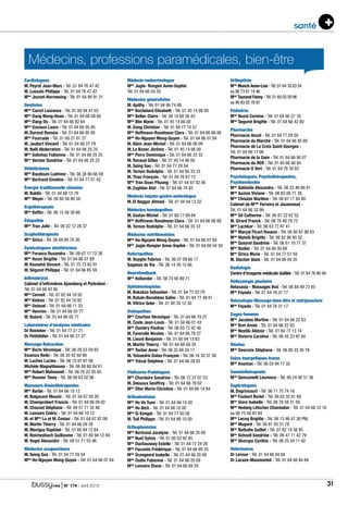 | N° 174 - avril 2015 31
santé
Cardiologues
M. Peyrot Jean-Marc - Tél. 01 64 76 47 42
M. Lussato Philippe - Tél. 01 64 76 47 42
Mme
Jeunet-Hurreesing - Tél. 01 64 66 91 21
Dentistes
Mme
Carret Laurence - Tél. 01 60 94 41 02
Mme
Dang Mong-Hoan - Tél. 01 64 66 08 60
Mme
Dang-Vo - Tél. 01 64 66 82 64
Mme
Daviaux Laure - Tél. 01 64 66 95 95
M. Durand Romain - Tél. 01 64 66 95 95
Mme
Fourcade - Tél. 01 60 21 01 27
M. Jaubert Vincent - Tél. 01 64 66 27 79
M. Naili Abderrahim - Tél. 01 64 66 25 25
Mme
Solinhac Fabienne - Tél. 01 64 66 25 25
Mme
Vernier Sandrine - Tél. 01 64 66 25 25
Diététicienne
Mme
Baudouin Ludivine - Tél. 06 38 86 66 59
Mme
Bertrand Emeline - Tél. 01 64 77 01 42
Énergie traditionnelle chinoise
M. Baldin - Tél. 01 64 66 12 79
Mme
Meyer - Tél. 06 60 58 80 50
Ergothérapeute
Mme
Raffin - Tél. 06 15 58 38 66
Étiopathie
Mme
Tran Julie - Tél. 06 22 12 28 37
Graphothérapeute
Mme
Sirica - Tél. 06 68 60 70 36
Gynécologues obstétriciens
Mme
Forascu Ruxandra - Tél. 09 67 17 72 38
Mme
Hozer Brigitte - Tél. 01 64 66 07 89
M. Kouvahé Vincent - Tél. 01 75 73 62 91
M. Séguret Philippe - Tél. 01 64 66 85 59
Infirmièr(e)s
Cabinet d’infirmières Ajzenberg et Pietrobon -
Tél. 01 64 66 42 46
Mme
Corneil - Tél. 07 82 44 18 92
Mme
Kieken - Tél. 07 82 44 18 92
Mme
Delaval - Tél. 01 64 66 11 33
Mme
Henrion - Tél. 01 64 66 05 77
M. Bulard - Tél. 01 64 66 05 77
Laboratoires d’analyses médicales
Dr Rostoker - Tél. 01 64 77 21 21
Dr Petitdidier - Tél. 01 64 66 27 27
Massage-Relaxation
Mme
Barin Véronique - Tél. 06 28 53 59 92
Essence Reiki - Tél. 06 20 42 60 98
M. Luchez Lucien - Tél. 06 10 87 97 06
Michèle Magnétiseuse - Tél. 06 88 60 04 61
Mme
Robert Mahnoosh - Tél. 06 70 22 05 65
Mme
Rouvier Tania - Tél. 06 09 63 02 06
Masseurs-Kinésithérapeutes
Mme
Barbé - Tél. 01 64 66 10 12
M. Belgacem Mounir - Tél. 01 64 67 05 35
M. Champrobert Francis - Tél. 01 64 66 09 02
M. Chauvel Stéphane - Tél. 09 51 71 55 46
M. Lemaire Cédric - Tél. 01 64 66 10 12
M. et Mme
Lu et M. Coniac - Tél. 01 64 67 82 08
M. Martin Thierry - Tél. 01 64 66 09 39
M. Menigoz Raphäel - Tél. 01 60 94 12 84
M. Reichenbach Guillaume - Tél. 01 60 94 12 84
M. Vogel Alexandre - Tél. 09 51 71 55 46
Médecins acupuncteurs
M. Seing Sao - Tél. 01 64 77 29 54
Mme
Ho-Nguyen Mong-Quyen - Tél. 01 64 66 07 84
Médecin endocrinologue
Mme
Jugie- Rongier Anne-Sophie
Tél. 01 64 66 04 50
Médecins généralistes
M. Apithy - Tél. 01 64 66 74 88
Mme
Bachelard Elisabeth - Tél. 01 45 14 66 00
Mme
Bellec Claire - Tél. 06 10 60 26 43
Mme
Blin Marie - Tél. 01 45 14 66 00
M. Dang Christian - Tél. 01 64 77 10 57
Mme
Hoffmann-Raveloson Clara - Tél. 01 64 66 88 88
Mme
Ho-Nguyen Mong-Quyen - Tél. 01 64 66 07 84
M. Klein Jean-Michel - Tél. 01 64 66 06 09
M. Le Bozec Jérôme - Tél. 01 45 14 66 00
Mme
Porro Dominique - Tél. 01 64 66 33 33
M. Renaud Gilles - Tél. 01 45 14 66 00
M. Seing Sao - Tél. 01 64 77 29 54
M. Ternon Rodolphe - Tél. 01 64 66 33 33
M. Thao François - Tél. 01 64 76 67 12
Mme
Tran Doan Phuong - Tél. 01 64 67 02 56
M. Zaghlan Atef - Tél. 01 64 66 76 82
Médecin hépato-gastro-entérologue
M. El Naggar Ahmed - Tél. 01 64 44 13 32
Médecins homéopathes
M. Gozlan Michel - Tél. 01 60 17 69 64
Mme
Hoffmann-Raveloson Clara - Tél. 01 64 66 88 88
M. Ternon Rodolphe - Tél. 01 64 66 33 33
Médecins nutritionnistes
Mme
Ho-Nguyen Mong-Quyen - Tél. 01 64 66 07 84
Mme
Jugie-Rongier Anne-Sophie - Tél. 01 64 66 04 50
Naturopathes
M. Huyghe Fabrice - Tél. 06 07 09 66 17
Sagesse de Vie - Tél. 06 14 39 15 66
Neurofeedback
Mme
Hollander - Tél. 06 74 90 89 71
Ophtalmologistes
M. Bokobza Sébastien - Tél. 01 64 77 22 79
M. Rabah-Benabbas Salim - Tél. 01 64 77 49 61
M. Vitrice Sebe - Tél. 01 60 35 12 30
Ostéopathes
Mme
Courtois Véronique - Tél. 01 64 66 79 27
M. Coste Jean-Louis - Tél. 01 64 66 01 43
Mme
Dambry Pauline - Tél. 06 65 73 42 46
M. Faverolle Nicolas - Tél. 01 64 66 79 27
M. Lieuré Benjamin - Tél. 01 60 94 13 63
M. Martin Thierry - Tél. 01 64 66 09 39
Mme
Techer Anne - Tél. 06 32 66 24 11
M. Teissedre-Dalou François - Tél. 06 16 30 37 38
Mme
Trécul Delphine - Tél. 01 64 66 28 92
Pédicures-Podologues
Mme
Chardaire Sandrine - Tél. 06 72 27 07 53
M. Dessaux Geoffroy - Tél. 01 64 66 78 62
Mme
Olier Marie-Christine - Tél. 01 64 66 14 84
Orthodontistes
Mme
Ho Vo Tuan - Tél. 01 64 66 10 00
Mme
Ho Bich - Tél. 01 64 66 10 00
Mme
Si Kimget - Tél. 01 64 77 50 08
M. Tuil Philippe - Tél. 01 64 66 10 00
Orthophonistes
Mme
Bertrand Jocelyne - Tél. 01 64 66 20 09
Mme
Buet Sylvia - Tél. 01 60 03 92 85
Mme
Duchaussoy Estelle - Tél. 01 64 77 24 28
Mme
Facundo Frédérique - Tél. 01 64 66 89 35
Mme
Grangeard Isabelle - Tél. 01 64 66 20 09
Mme
Oudin Fabienne - Tél. 01 64 66 20 09
Mme
Lemaire Diane - Tél. 01 64 66 89 35
Orthoptiste
Mme
Munch Anne-Lise -Tél.01 64 76 63 54
ou 06 73 61 14 46
Mme
Taurand Fanny -Tél.01 60 03 59 96
ou 06 83 02 78 97
Pédiatres
Mme
Buzot Corinne - Tél. 01 64 66 27 16
Mme
Seguret Brigitte - Tél. 01 64 66 42 80
Pharmacies
Pharmacie Ancel - Tél. 01 64 77 29 50
Pharmacie du Marché - Tél. 01 64 66 85 69
Pharmacie de La Croix Saint-Georges -
Tél. 01 64 66 17 96
Pharmacie de la Gare - Tél. 01 64 66 90 07
Pharmacie du RER - Tél. 01 64 66 90 84
Pharmacie O Vert - Tél. 01 64 76 30 82
Psychologues, Psychothérapeutes,
Psychanalystes
Mme
Adélaïde Alexandra - Tél. 06 25 46 66 61
Mme
Auzias Viviane - Tél. 06 83 08 71 38
Mme
Choulze Marlène - Tél. 06 67 11 64 80
Cabinet de Mmes
Ferreira et Jouannaud -
Tél. 01 64 66 33 99
Mme
Gil Catherine - Tél. 06 87 22 62 52
M. Girard Franck - Tél. 06 76 48 79 72
Mme
Lachkar - Tél. 06 63 77 97 41
Mme
Marçal Picart Rosane - Tél. 06 80 87 88 63
Mme
Mytnik Brigitte - Tél. 06 82 96 85 52
Mme
Queyrel Sandrine - Tél. 06 61 10 77 37
Mme
Rodier - Tél. 01 64 66 30 69
Mme
Sirica Marie - Tél. 01 64 77 51 59
M. Stecher Alain - Tél. 01 64 66 04 20
Radiologie
Centre d’imagerie médicale Galilée - Tél. 01 64 76 80 94
Réflexologie plantaire
Relaxasia - Massages thaï - Tél. 06 84 49 73 45
Mme
Fayada - Tél. 01 64 76 31 17
Relaxologie-Massage-bien-être et nutripuncture
Mme
Fayada - Tél. 01 64 76 31 17
Sages-femmes
Mme
Jacobee Martine - Tél. 01 64 66 22 83
Mme
Bret Annie - Tél. 01 64 66 22 83
Mme
Nestile Aliénor - Tél. 01 64 77 13 74
Mme
Rivierre Caroline - Tél. 06 45 23 97 84
Shiatsu
Mme
Descroix Stéphane - Tél. 06 80 33 36 78
Soins énergetiques-trame
Mme
Ananian - Tél. 06 03 94 17 32
Somatothérapeute
Mme
Quinzanelli Laurence - Tél. 06 24 40 51 56
Sophrologues
M. Degrincourt - Tél. 06 71 75 74 16
Mme
Foubert Berlet - Tél. 06 62 32 61 69
Mme
Givre Isabelle - Tél. 06 78 58 31 59
Mme
Hedwig Lötscher Chamodon - Tél. 01 64 66 10 16
ou 06 75 48 87 84
Mme
Lecoq Brigitte - Tél. 06 13 46 47 30 PNL
Mme
Mugard - Tél. 06 81 93 31 78
Mme
Nathalie Guillet - Tél. 07 82 19 38 95
Mme
Schnell Sandrine - Tél. 06 47 11 42 79
Mme
Skorupa Cynthia - Tél. 06 25 54 11 92
Vétérinaires
Dr Leroux - Tél. 01 64 66 84 84
Dr Lacaze-Masmonteil - Tél. 01 64 66 84 84
Médecins, professions paramédicales, bien-être
 