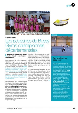 | N° 175 - mai 2015 21
GYMNASTIQUE
Les poussines de Bussy
Gyms championnes
départementales
Le samedi 14 mars se sont dérou-
lés les circuits éducatifs pous-
sines à Melun.
Une compétition qui s’est soldée par un
véritable triomphe pour les gymnastes
de Bussy Gyms, avec tout d’abord la
victoire des 7 à 9 ans (Circuits A-B-C),
dont l’équipe était composée d’Albane
Dupuit, Amélia Sengchanh, Anaïs
Melleraud de Villars, Camille Kök,
Lauren Hanot, Sienna Tarda. Quant aux
7 à 8 ans (Circuits A et B), elle se sont
également imposées grâce à Caroline
Chardon, Romane Bouffaut, Rym
Bendahmane, Saskia Chatirichuili et
Syrine Lallement.
En compétition face aux équipes de
Combs-la-Ville, Meaux, Mitry-Mory,
Ozoir et Villeparisis, les jeunes cham-
pionnes de Bussy Gyms ont démon-
tré tout leur talent sur les quatre
agrès, tous plus difficiles les uns que les
autres. Par leur élégance, leur légèreté
au sol, leur équilibre à la poutre, leur agi-
lité aux barres asymétriques et leur dy-
namisme au saut de cheval, les jeunes
gymnastes, vêtues de leurs nouveaux
justaucorps, ont su conquérir le cœur et
les points des juges.
Nathalie Lupi, présidente du club,
adresse un grand merci à leurs entraî-
neurs, Aline Meunier et Peggy Arrivé,
« qui ont transmis leur passion et celle
de notre club pour la gymnastique à nos
plus jeunes gymnastes. » La relève est
assurée au sein de Bussy Gyms et de
belles années gymniques sont à
l’horizon…
D’autres gymnastes plus âgées ont mis
à l’honneur la ville de Bussy dans
d’autres catégories lors des demi-fi-
nales des Championnats de France in-
dividuels. Lila Rivière en GAF, ainsi que
Yanis Pisi et Nathan Rivière en GAM,
représenteront ainsi notre ville aux
championnats de France, à Cognac.
Carton plein pour les jeunes filles de Bussy Gyms lors des circuits éducatifs à Melun, ici
en compagnie de leurs entraîneurs, Aline Meunier et Peggy Arrivé.
sport
Des résultats au
beau fixe
Le TCVB a été primé pour la
5ème année consécutive «club
formateur de jeunes» par la Ligue
de tennis de Seine-et-Marne. Ses
derniers résultats contribuent au
bon classement du TCVB, 3ème
meilleur club du département
au niveau de la compétition
tennis. De nombreux jeunes ont
ainsi un niveau départemental, et
3 d’entre eux ont même un
niveau national. Cette saison,
l’équipe 10 ans garçons a été
sacrée championne
départementale, et l’équipe 8
ans garçons est arrivée en
demi-finale.
Chez les seniors +, l’équipe +35
ans messieurs a atteint la finale
du championnat de
Seine-et-Marne. L’équipe 1
féminine évolue en division
pré-nationale, et l’équipe 1
masculine au niveau national. La
petite balle jaune a donc de
beaux jours devant elle à Bussy !
TENNIS
 